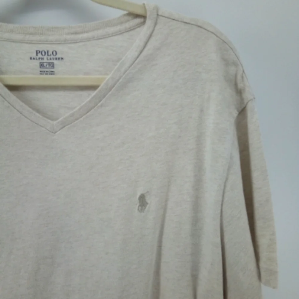 POLO Ralph Lauren 100% Cotton Oatmeal Heather Casual Short V-Neck Shirt XL